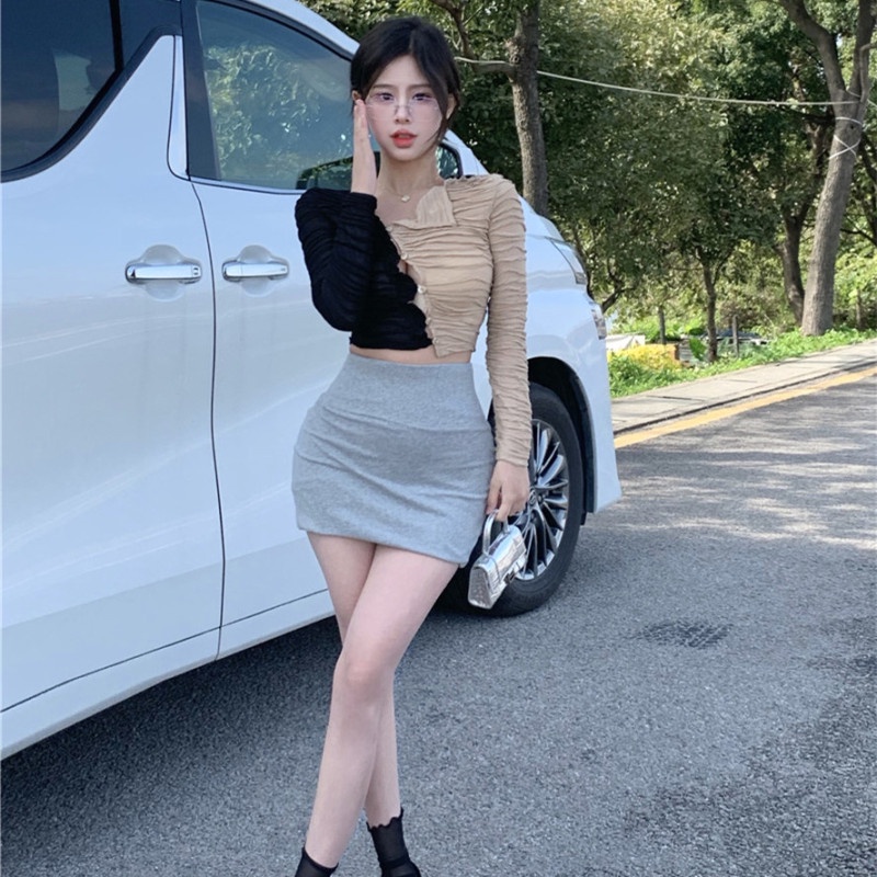 Áo Thun Tay Dài Dáng Ôm Màu Sắc Tương Phản Quyến Rũ Dành Cho Nữ