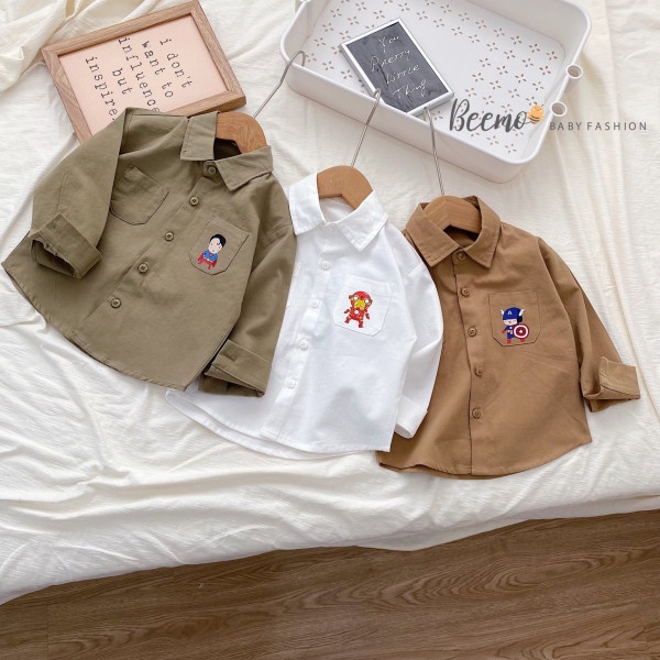 Áo sơ mi bé trai Beemo Hàn Quốc có túi áo màu trơn trắng, nâu - ATBA