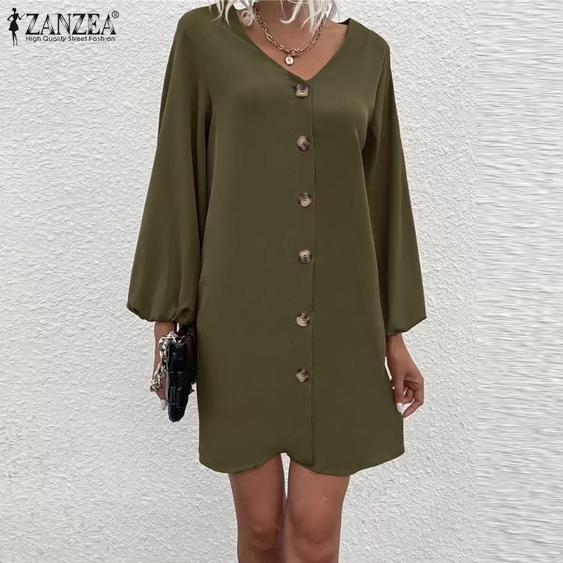 Zanzea Đầm Nữ Dài Tay Cổ Chữ V Thời Trang Châu Âu
