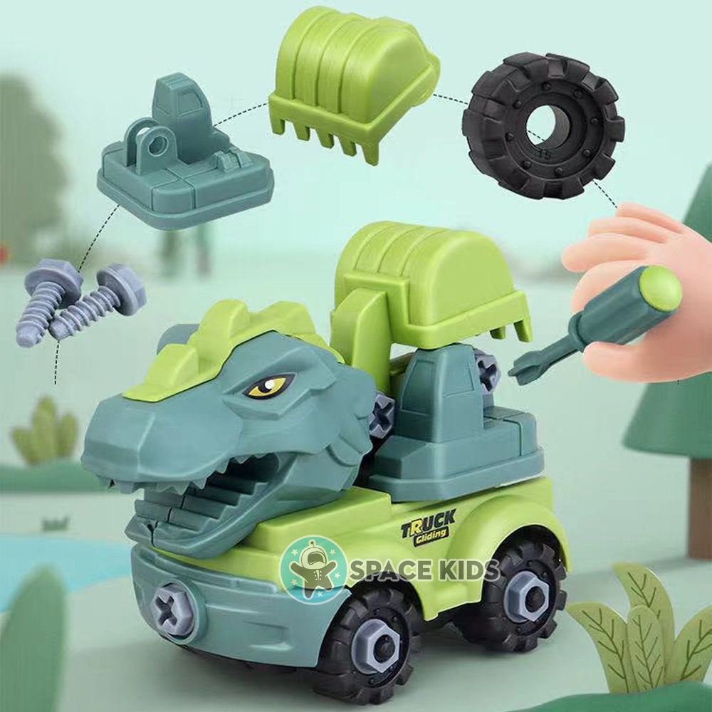 Set 4 xe lắp ghép khủng long công trường, xe ô tô đồ chơi tặng kèm tovit, cờ lê cho bé