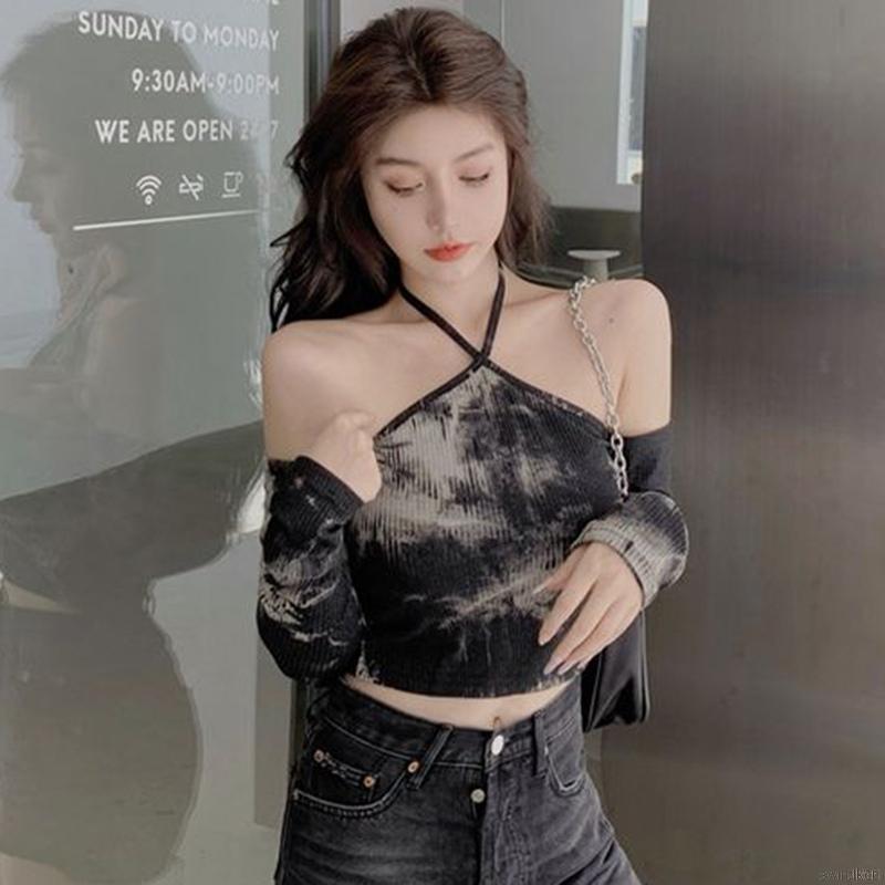 Áo Trễ Vai Dài Tay Nhuộm Loang Phong Cách Quyến Rũ Thanh Lịch Cho Nữ