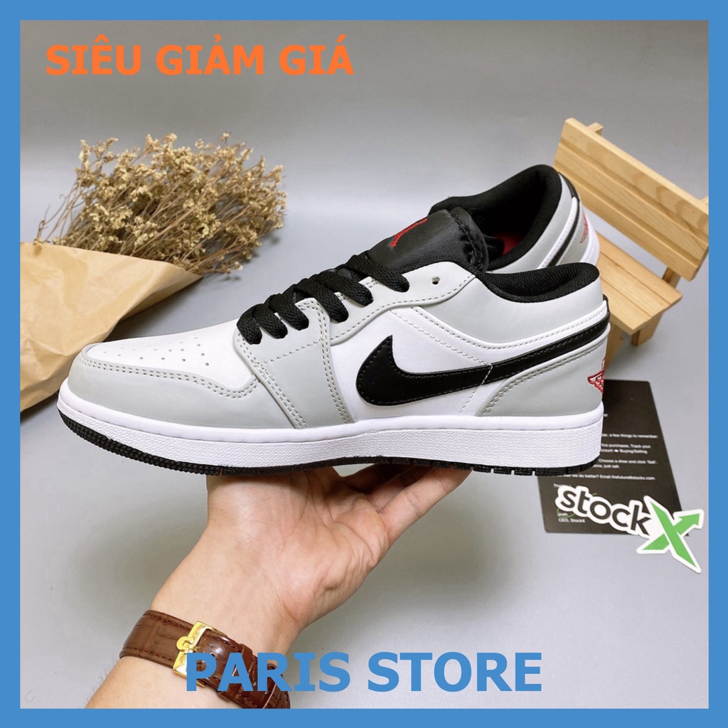 Giày Thể Thao Nam Nữ Jordan JD1 Low Xám Kẻ Đen Cổ Thấp Gót Thêu Chỉ Đỏ Thời Trang Full Box Bill