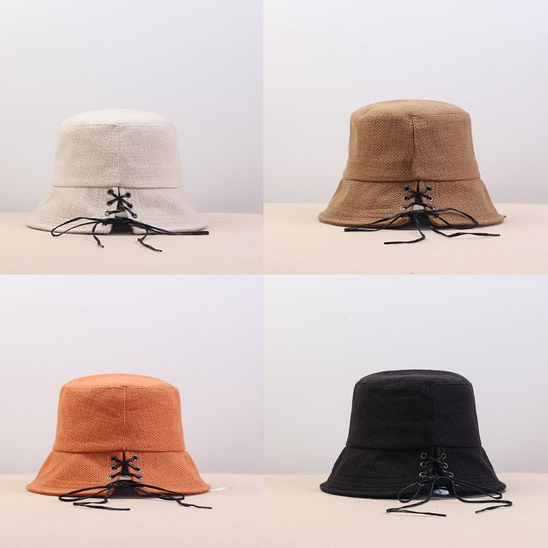 Nón Tai Bèo Vải Lanh Cotton Vành Ngắn Cột Dây Chống Nắng Màu Sắc Trơn Phong Cách Nhật Bản Cho Nữ