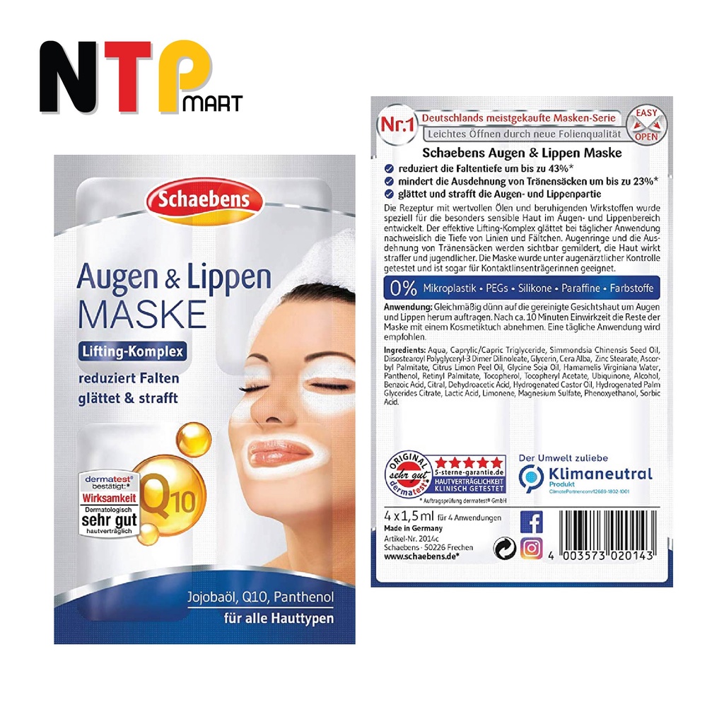Mặt nạ dưỡng da Schaebens Augen & Lippen dành cho Mắt và Môi gói 6ml x 4 nhập khẩu Đức