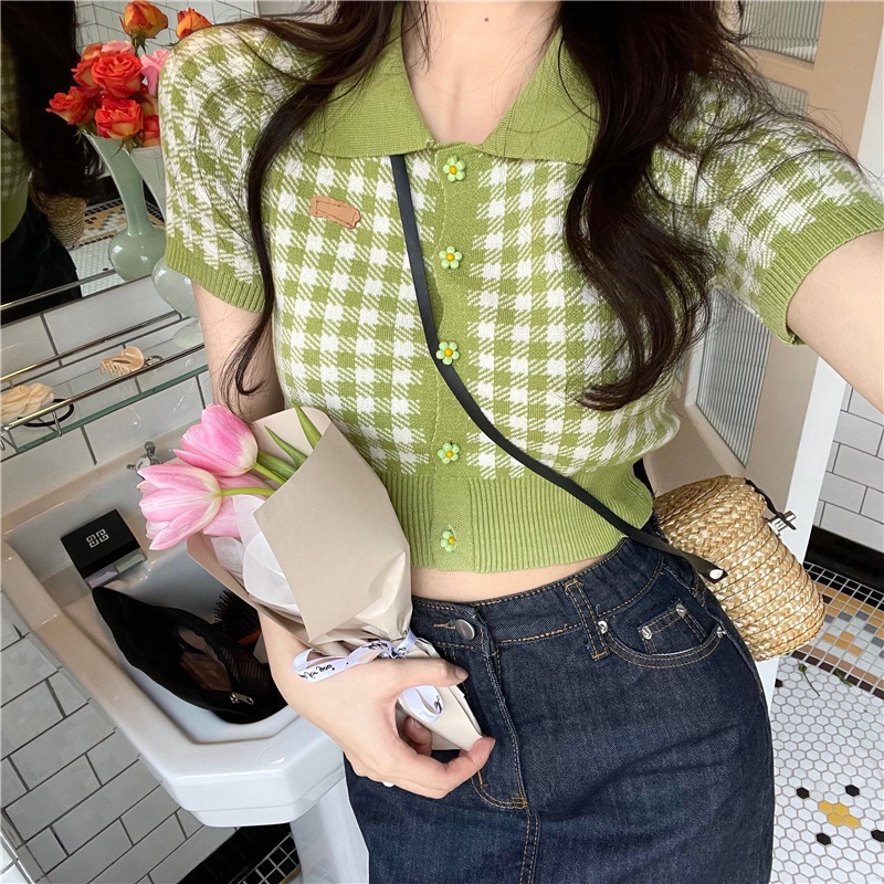 Áo cardigan XIAOZHAINV dáng ngắn dệt kim cổ polo tay ngắn họa tiết kẻ sọc phong cách Hàn Quốc xinh xắn cho nữ