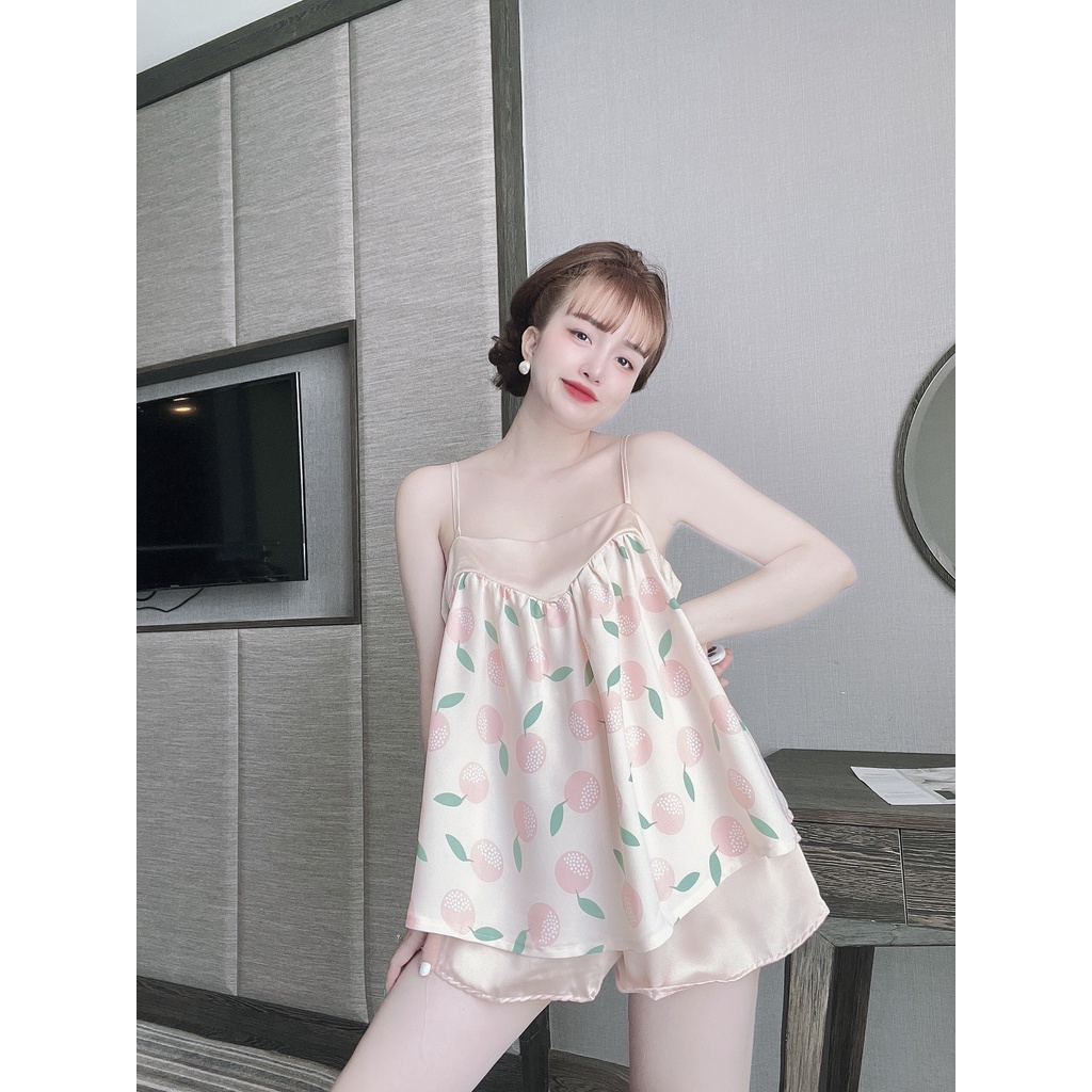 Đồ Ngủ Sexy Nữ, Bộ Ngủ Nữ Chất Mango Phối Satin Quần Giả Váy Bigsize 40-80kg .