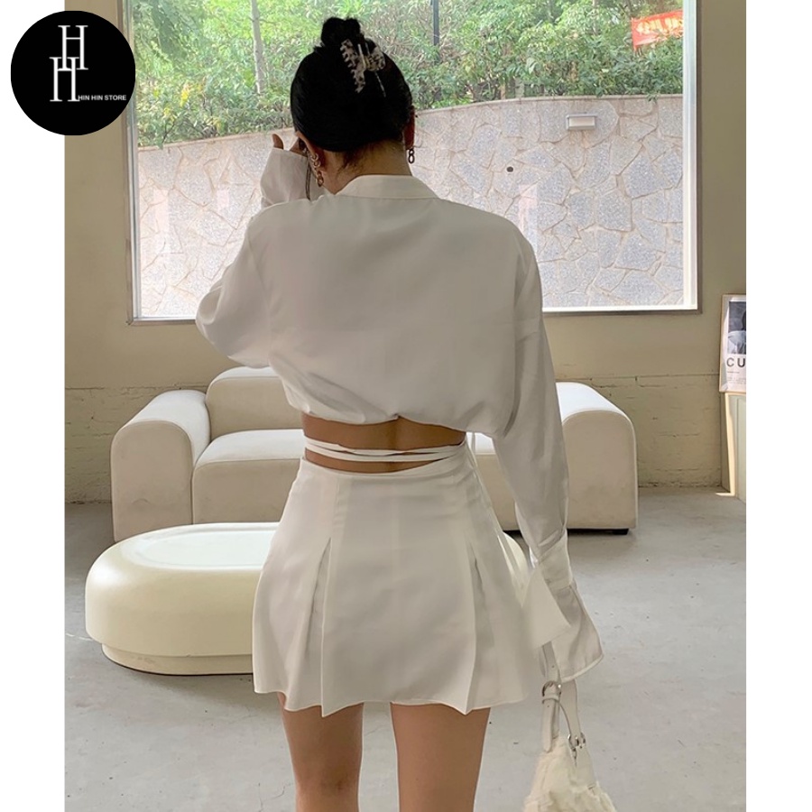 Set lụa ngắn áo tay dài &amp; chân váy cột dây sexy tôn dáng HS128 Hỉn Hỉn Store