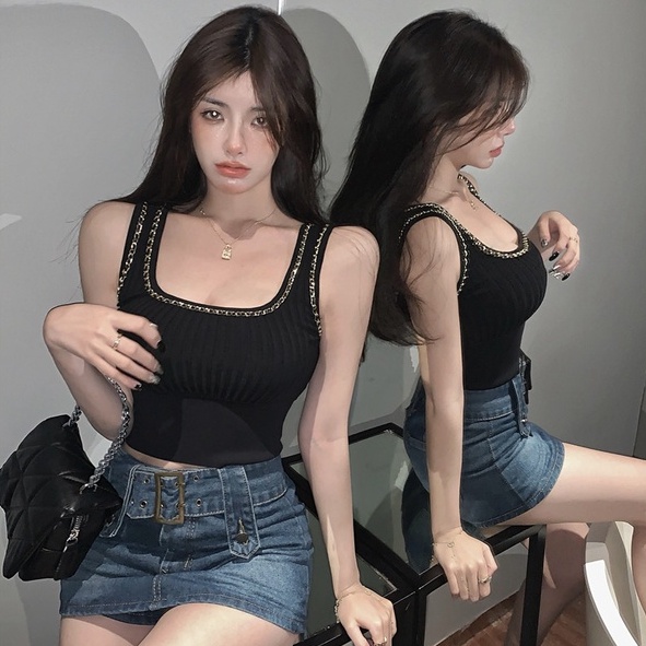 Áo dệt kim ZHELIHANGFEI sát nách hở eo phối dây xích cá tính