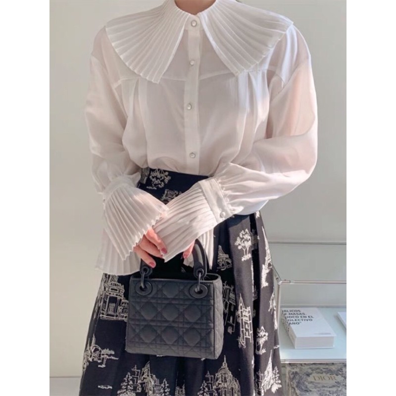 Áo sơ mi loại 1 order Quảng Châu chuẩn shop Chic cổ xếp ly siêu sang chảnh