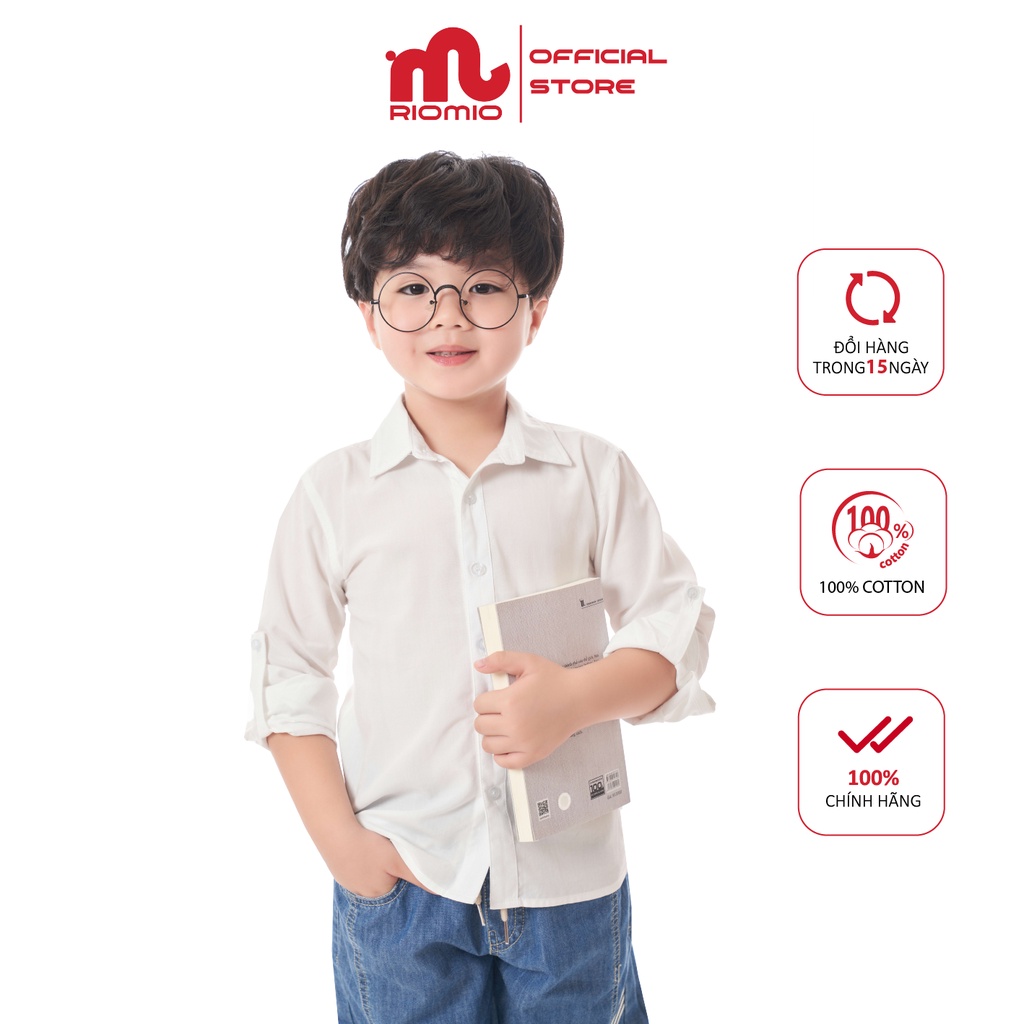 Áo sơ mi cho bé trai 5-12 tuổi size 20-50kg RIOMIO trắng dài tay đồng phục đi học đi chơi vải thô hàn mềm mát - RA251