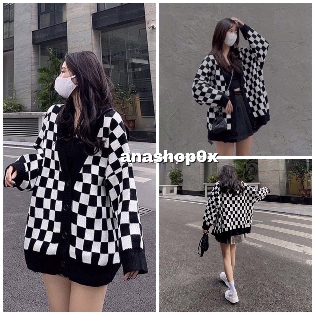 Áo cardigan nữ BÀN CỜ form rộng  Áo khoác nữ chất vải dày dặn họa tiết caro đen trắng mùa đông anashop9x