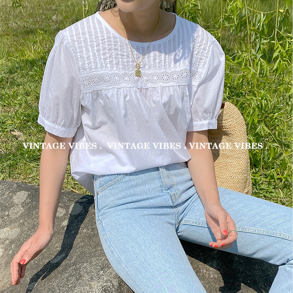 Áo babydoll phối ren ngắn tay tiểu thư - Ảnh thật cận chất