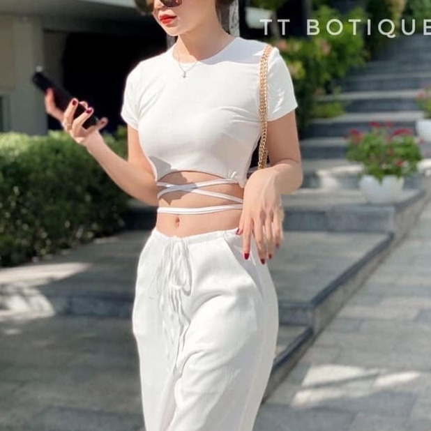 Áo thun croptop cộc tay nữ buộc dây eo sexy - Áo croptop phông thiết kế dây buộc eo điệu đà Ulzzang C85