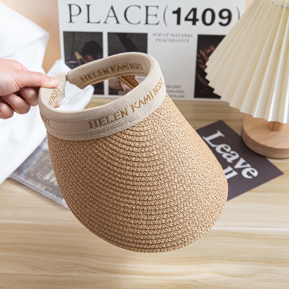 Mũ Cói Du Lịch Hở Chóp Đầu Phối Vòng Màu Kem Thêu Chữ P2160