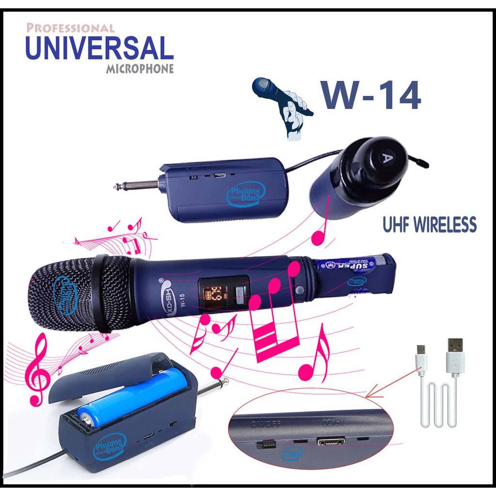 Micro không dây Universal W-14 cho Loa kéo, Loa trợ giảng, Amply karaoke