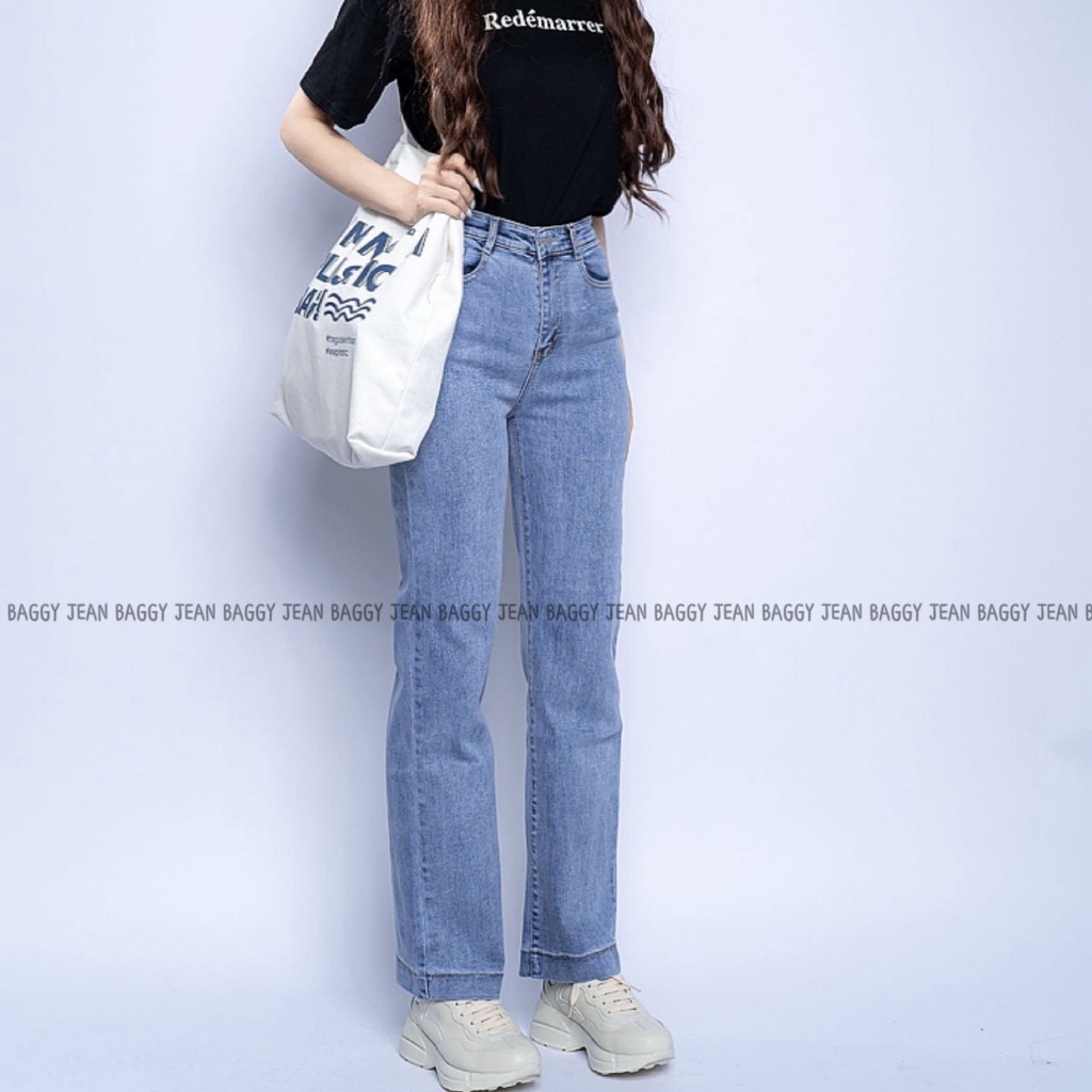 Quần Jean Nữ Ống Đứng Cạp Cao Jean Co Giãn Trơn Basic