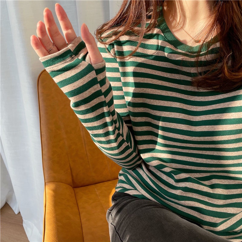 Áo thun BH bằng cotton tay dài cổ tròn họa tiết kẻ sọc thời trang mùa xuân cho nữ 2022