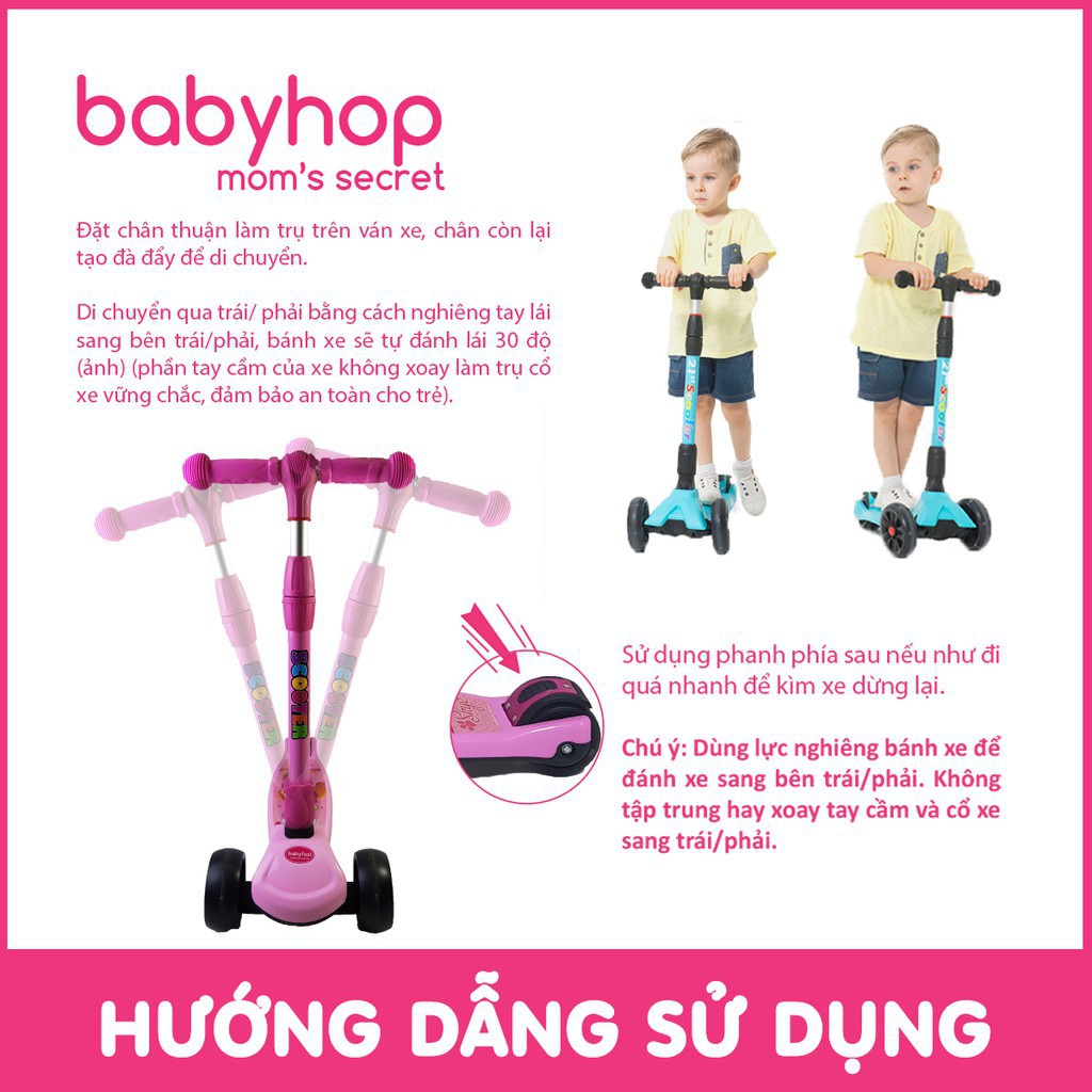 Xe trượt Scooter Babyfast Babyhop an toàn cho bé 3 bánh to phát sáng vĩnh cửu chịu lực 80kg