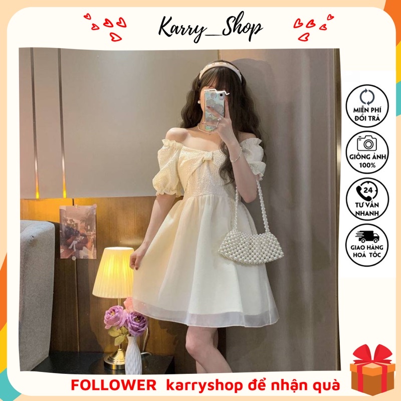 Đầm tay bồng babydoll dáng xòe họa tiết đính nơ kiểu công chúa siêu hot
