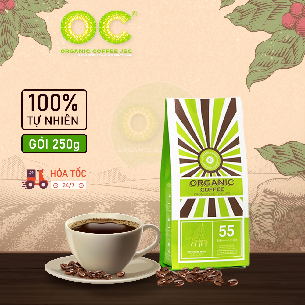 Cà phê Robusta rang xay nguyên chất hữu cơ 100% Đà Lạt 55, Cafe rang mộc pha phin/máy gói 250g/500g Organic Coffee JSC