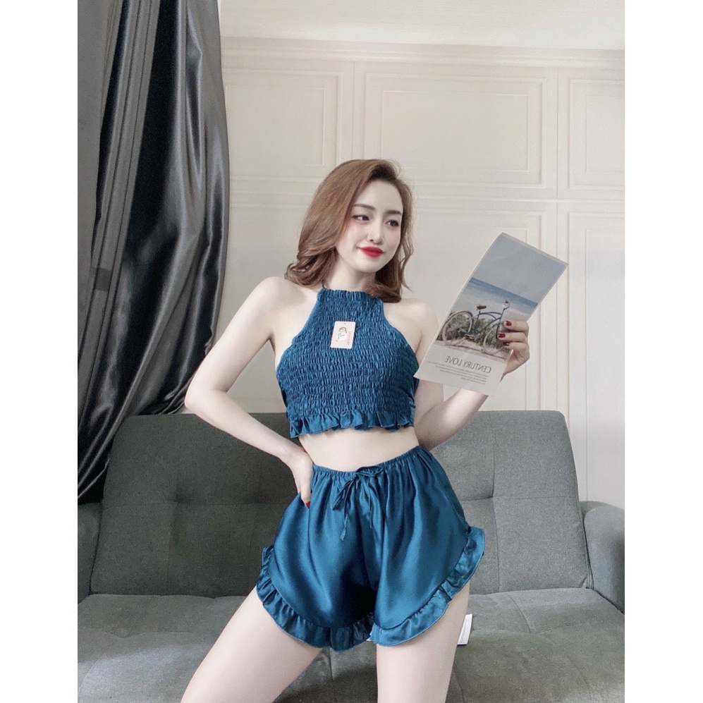 MẪU HÓT  Đồ ngủ sexy / Áo yếm 2 dây dập ly phối ren chất liệu lụa cao cấp freesize dưới 58kg kèm quần bèo gợi cảm