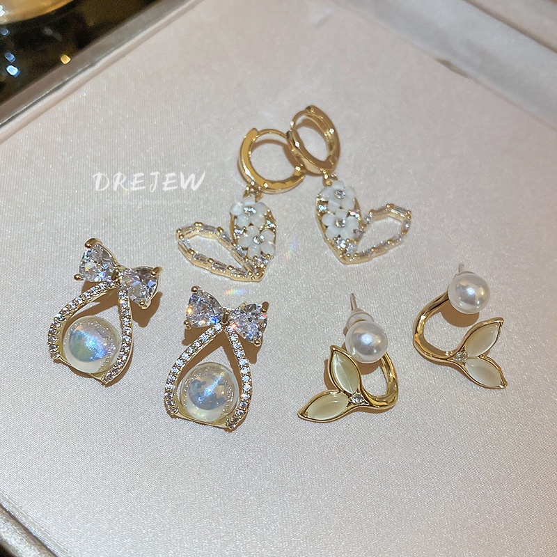 DREJEW Khuyên tai DREJEW 1 nơ đính đá phối ngọc trai thời trang sang trọng