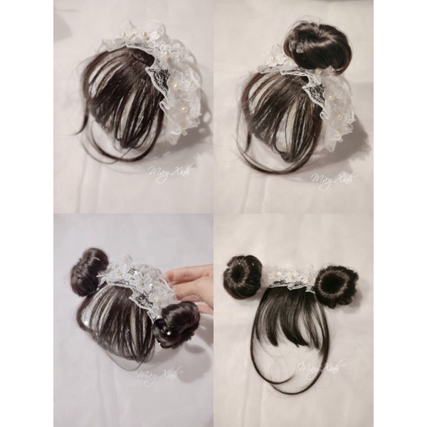 Băng đô tóc giả ren trắng đính hạt cho bé