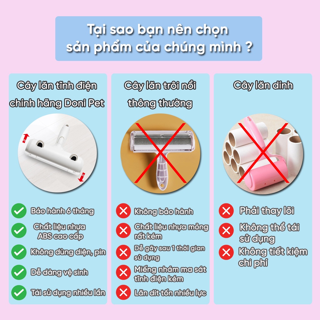 Cây lăn lông chó mèo - Lăn tĩnh điện hút lông thú cưng làm sạch giường chăn đệm - Hery Pet