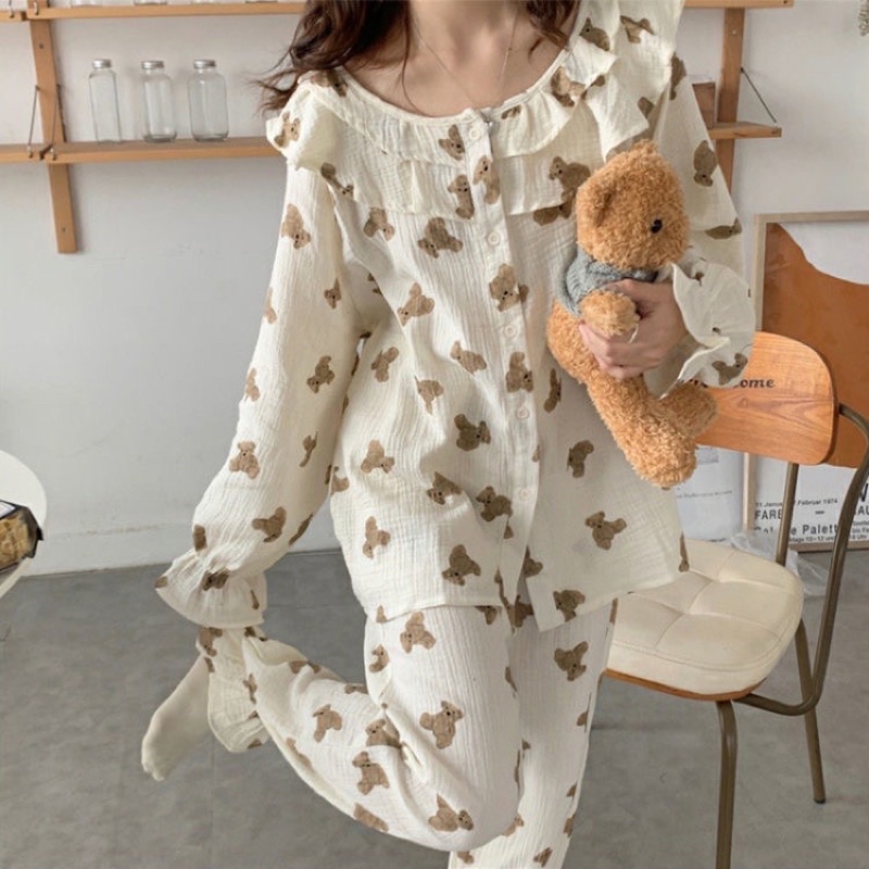Đồ ngủ pijama dài tay đồ mặc nhà đũi xốp gấu nâu cổ bèo hè thu đông Hàn Quốc ullzang