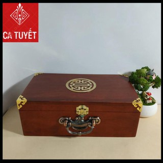 Hộp đựng trang sức, hộp đựng con dấu công ty gỗ hương mặt giáp chữ thọ vàng có quai xách bằng đồng