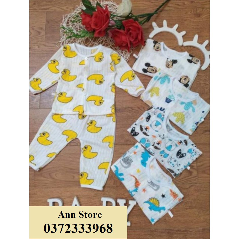 (FreeShip từ 150k) Bộ cotton giấy cài vai dài tay cho bé. Vải Quảng Châu cam kết chất đẹp thoáng mát