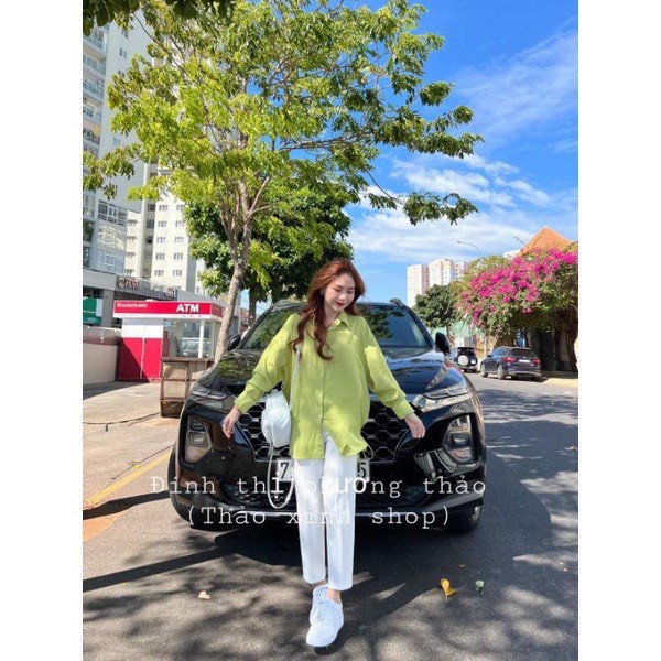 Set áo sơ mi xanh lá form rộng kèm quần kaki trắng ulzzang/ Set bộ thụng nữ mặc đi học, đi làm trẻ trung năng động