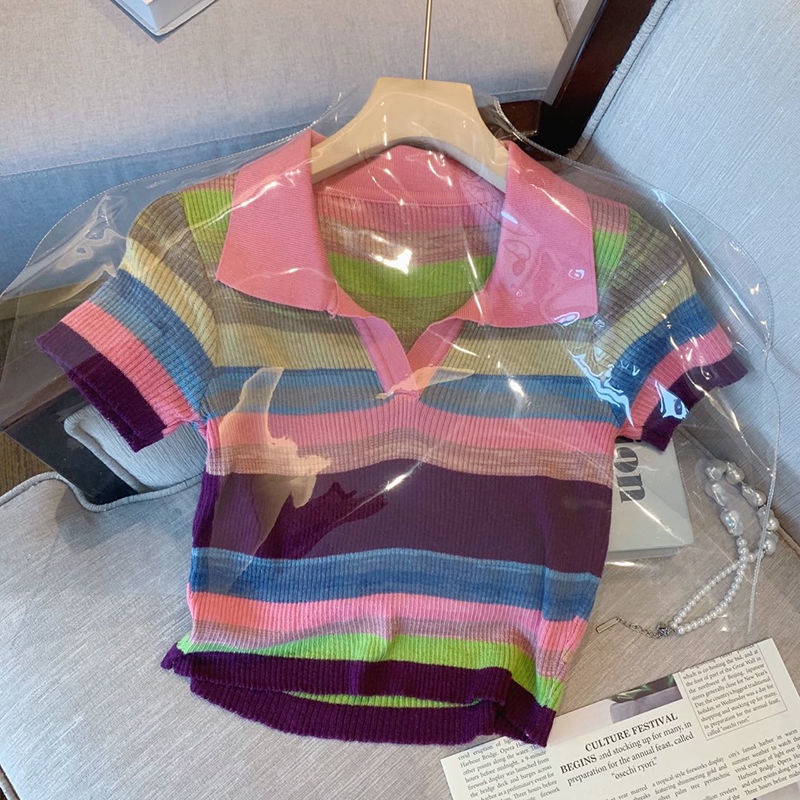 Áo polo Ngắn Tay Họa Tiết Kẻ Sọc Nhiều Màu Sắc Thời Trang Mùa Hè Mới Cho Nữ