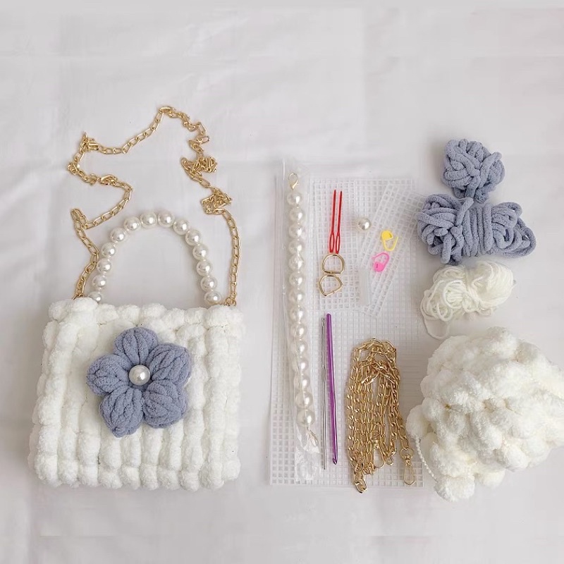 [Có video hướng dẫn] Túi tự đan, set nguyên liệu đan túi hot 2021 dây ngọc cài hoa