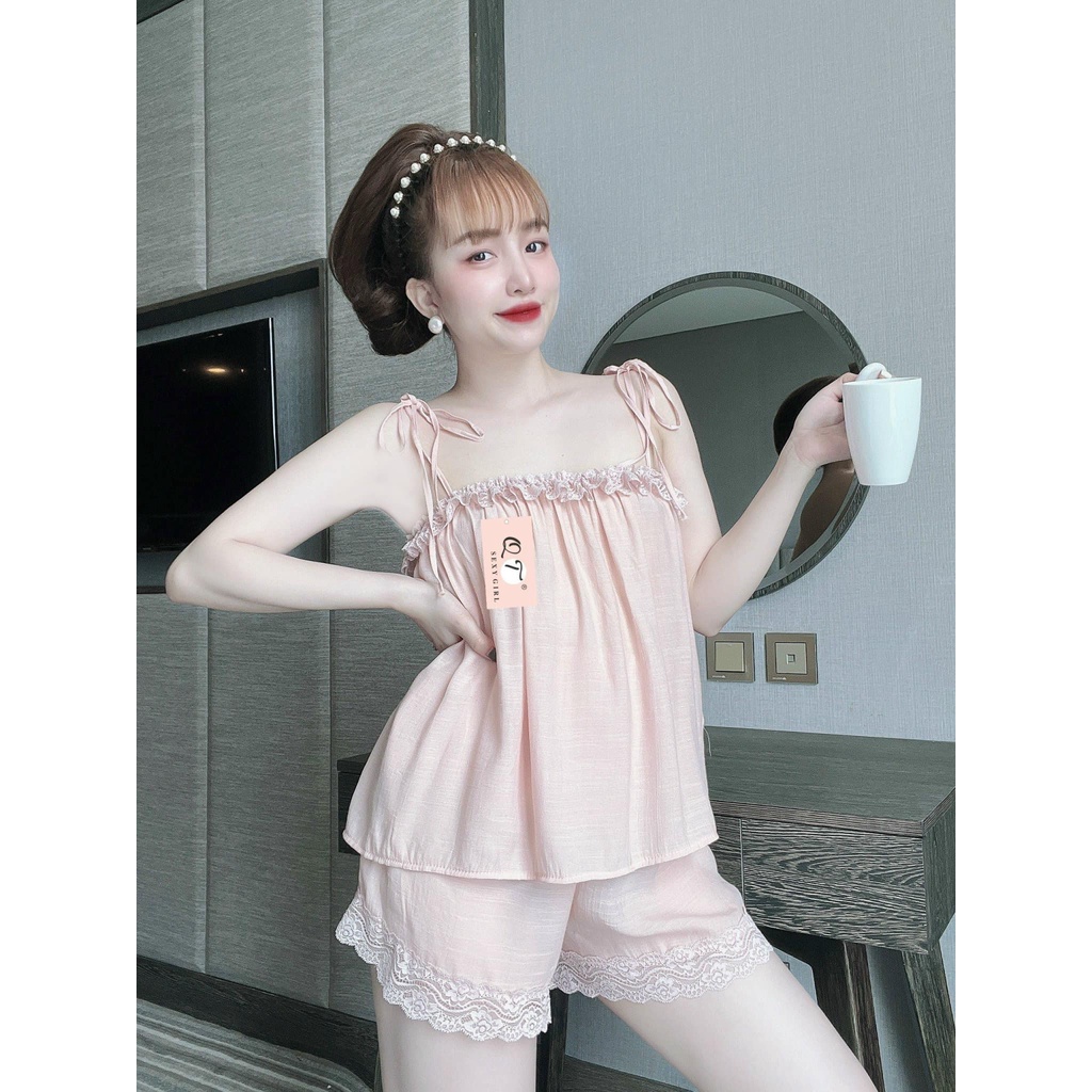 Đồ ngủ sexy nữ 2 dây - bộ ngủ hai dây - set ngủ lụa tơ gân quần phối ren mát mềm mại gợi cảm [DN52]