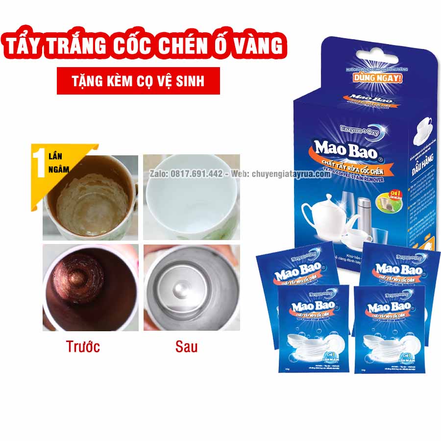 Hộp 4 Gói Bột Tẩy Rửa Cốc Chén Ố Vàng, Sỉn Màu Lâu Ngày Siêu Mạnh