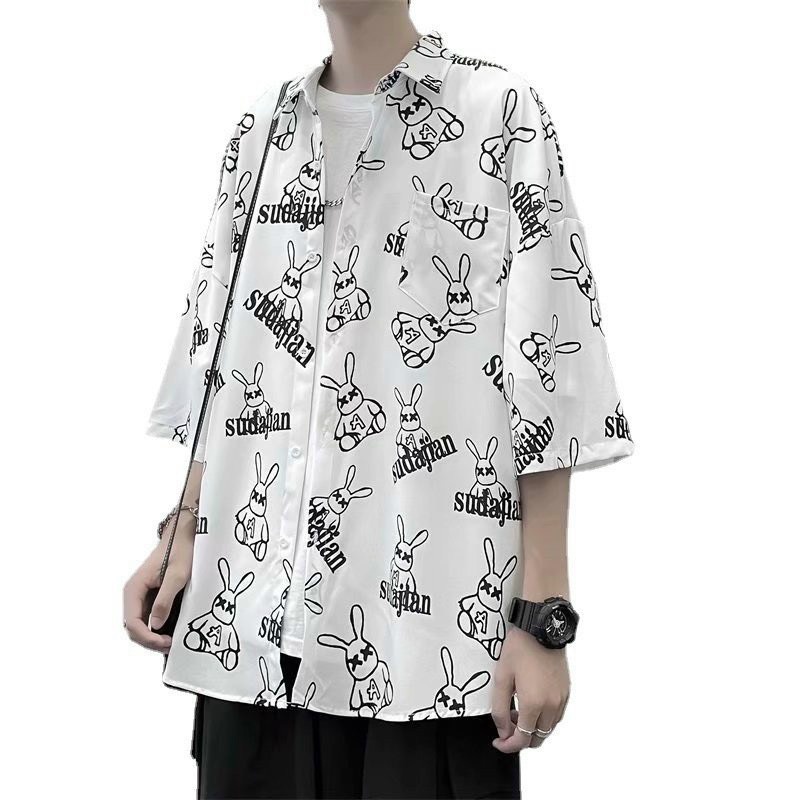 Áo sơ mi nam nữ đều mặc được kiểu tay lỡ form rộng Unisex in hình Thỏ Bông mắt XX Sudajian
