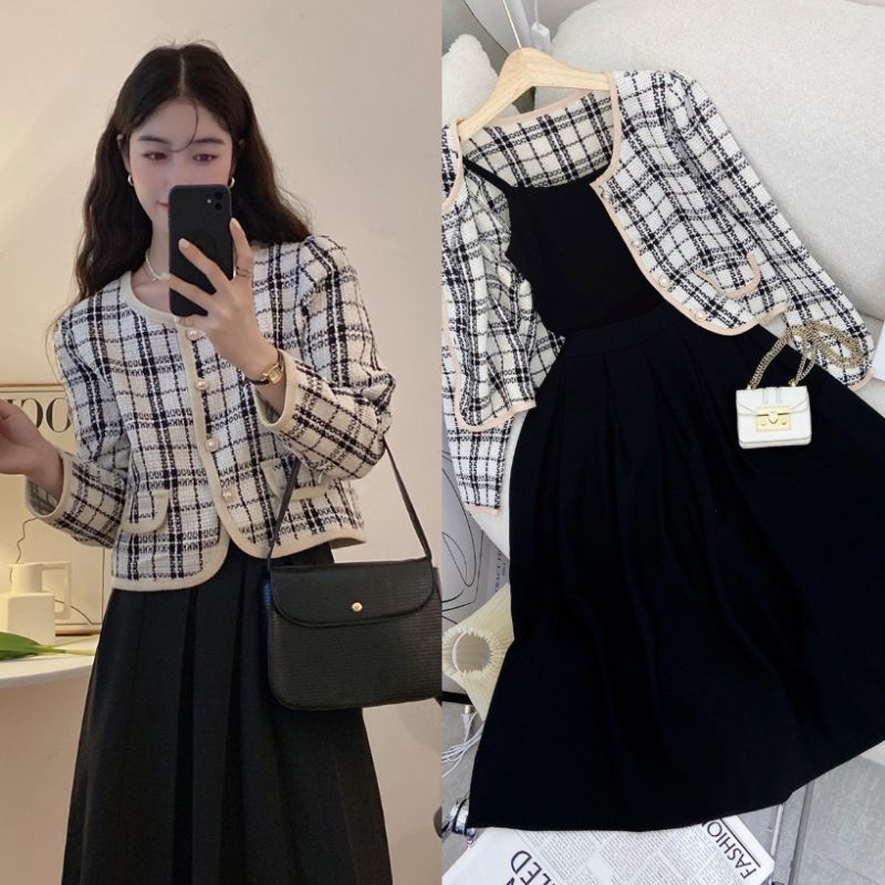 Set 3 món: Khoác dạ kẻ ô lửng tay dài + Áo 2s đen + Chân váy midi đen dáng dài basic