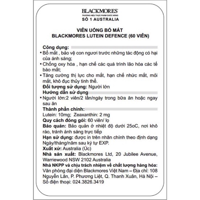 Bổ mắt Blackmores Lutenin Defence 60 viên