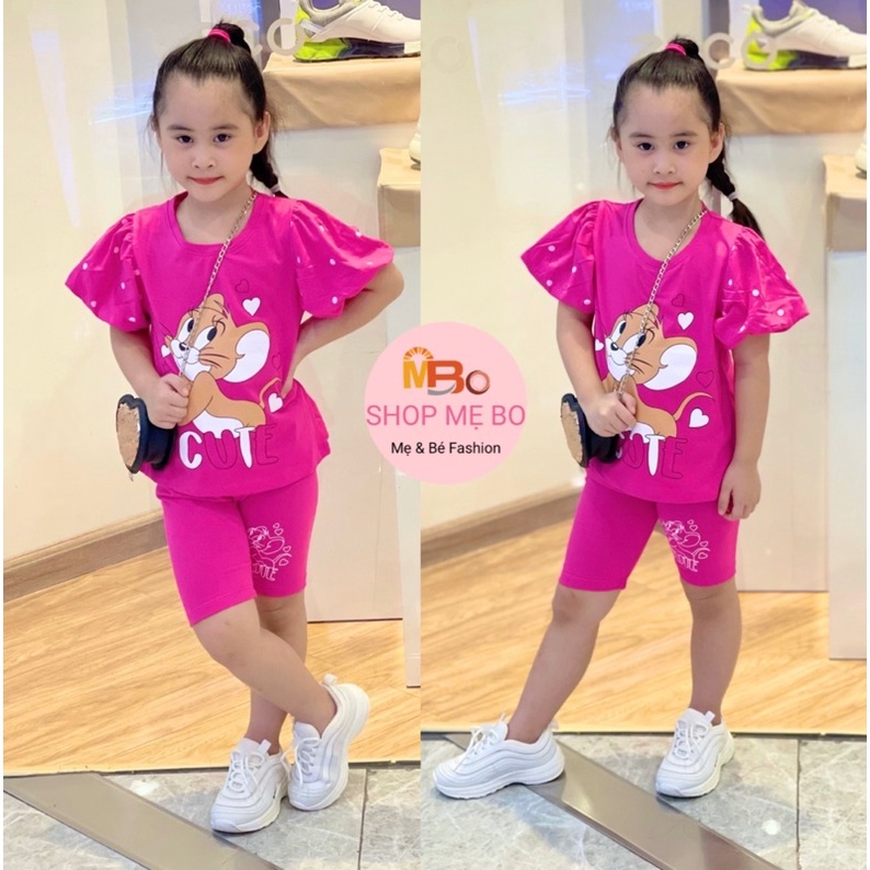 Quần áo trẻ em - Bộ lửng thun cotton size đại cho bé gái in hoạt hình mèo mickey từ 25 đến 45kg