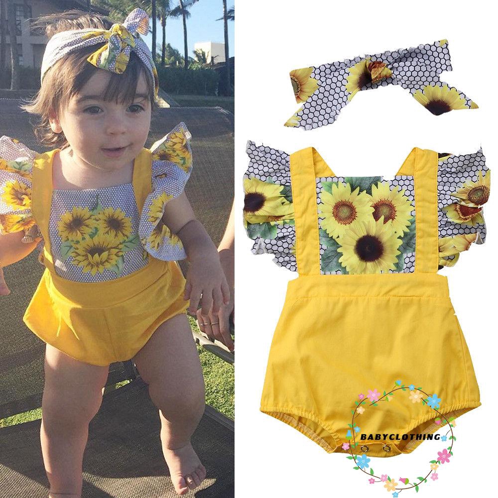 Set áo liền quần ngắn tay + băng đô dễ thương cho bé gái