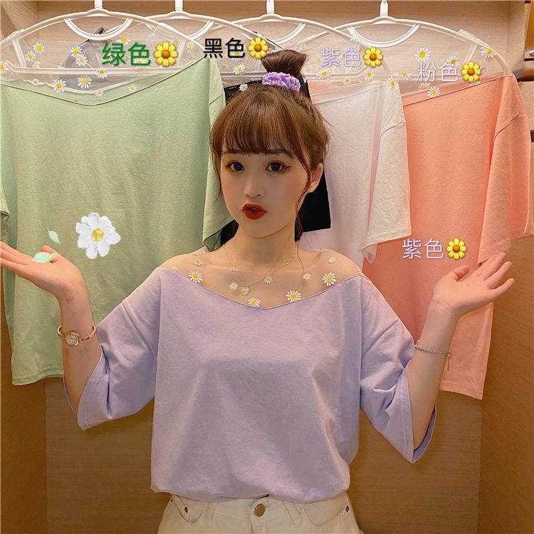 Áo Phông Nữ Summer New Daisy Yarn Splicing Loose Short Sleeve T-shirt Female Student Top