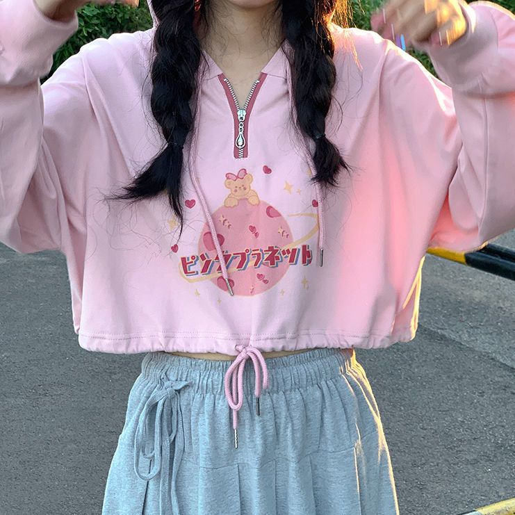 Jiashucheng Áo Hoodie Lửng Tay Dài Dáng Rộng In Hình Gấu Hoạt Hình Màu Hồng Thời Trang Mùa Thu Cho Nữ