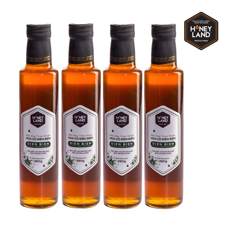 Bộ 4 chai mật ong nguyên chất hoa Cỏ Điện Biên HONEYLAND tổng 1520g mật ong thiên nhiên nguyên chất