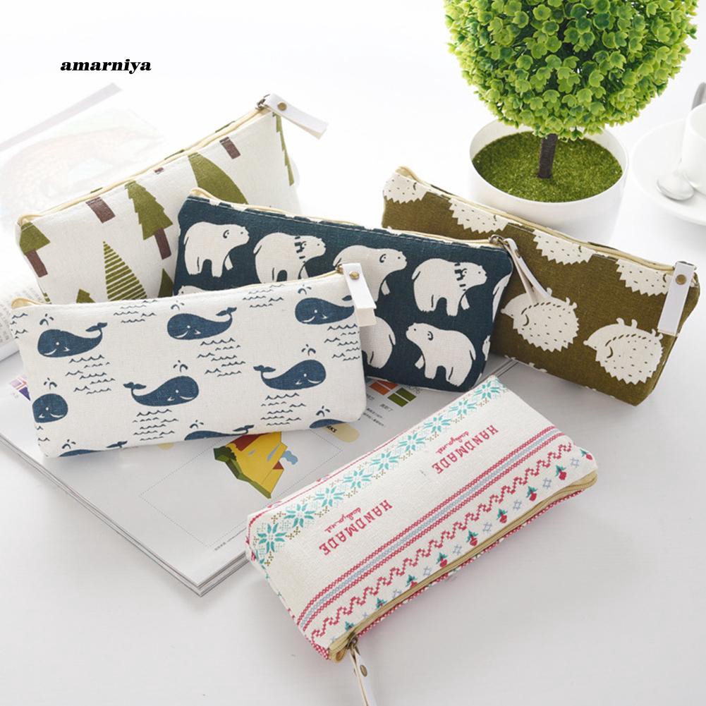 Túi đựng bút học sinh bằng vải lanh cotton in hình dễ thương