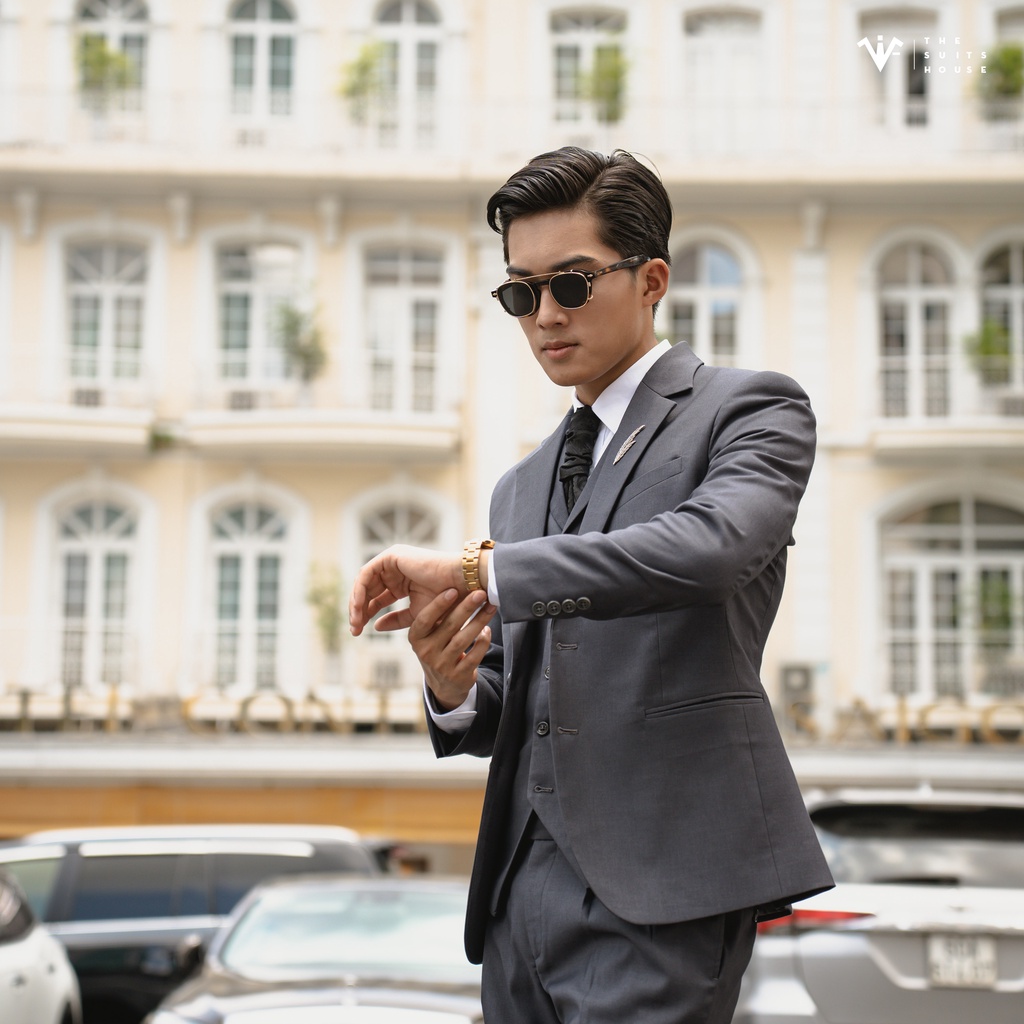 Bộ vest nam xám phối gile, 2 khuy 3 túi, suits sartorial, chuẩn form The Suits House