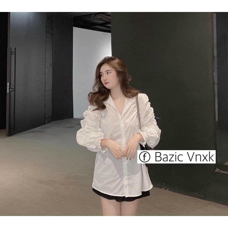 [Mã WASKT304 giảm 15% tối đa 30K đơn 99K] Áo sơ mi cổ tàu tay nhún☘️Áo sơ mi trắng tay dài nữ☘️{freeship} | BigBuy360 - bigbuy360.vn