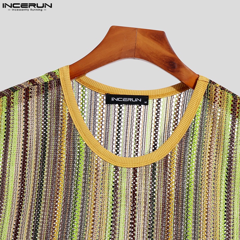 INCERUN Áo Ba Lỗ Dáng Dài Phối Tua Rua Xuyên Thấu Kẻ Sọc Nhiều Màu Cá Tính Cho Nam