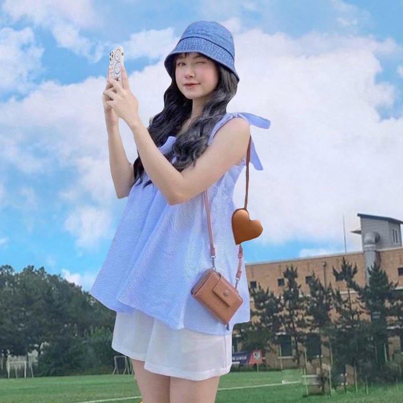 Sét 2 Bộ 2 Dây Nơ Vai Kẻ Chất Xốp Kèm Quần Short