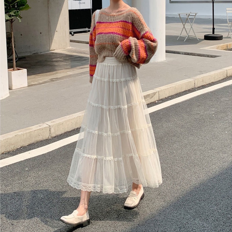 Chân Váy Chữ A Phối Ren Lưới Thời Trang Thu Đông Phong Cách Mới Cho Nữ